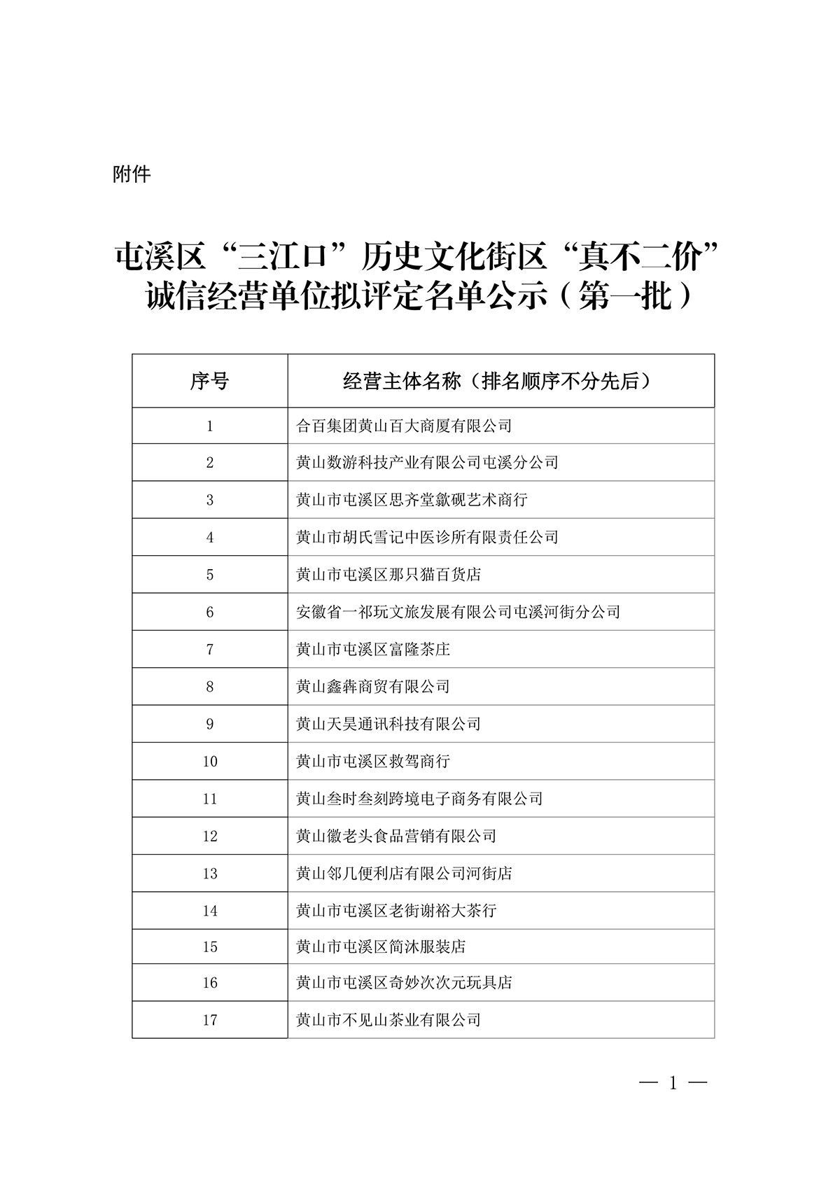 關于屯溪區“三江口”歷史文化街區商貿服務業第一批“真不二價”誠信經營單位擬評定名單的公示